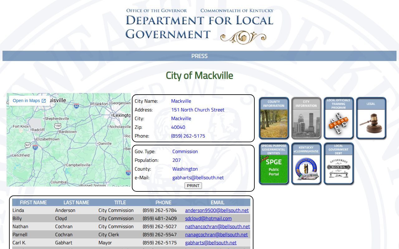 Kentucky DLG Mackville city record with commission contacts and no listed police chief