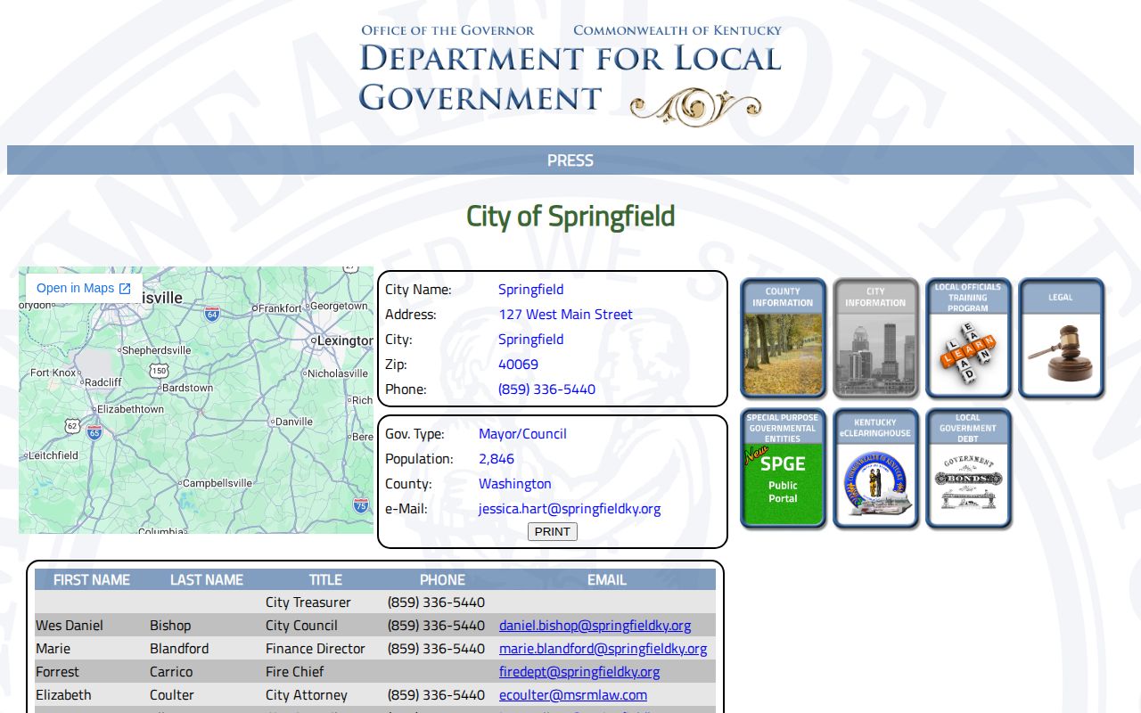 Kentucky Department for Local Government Springfield city record interface