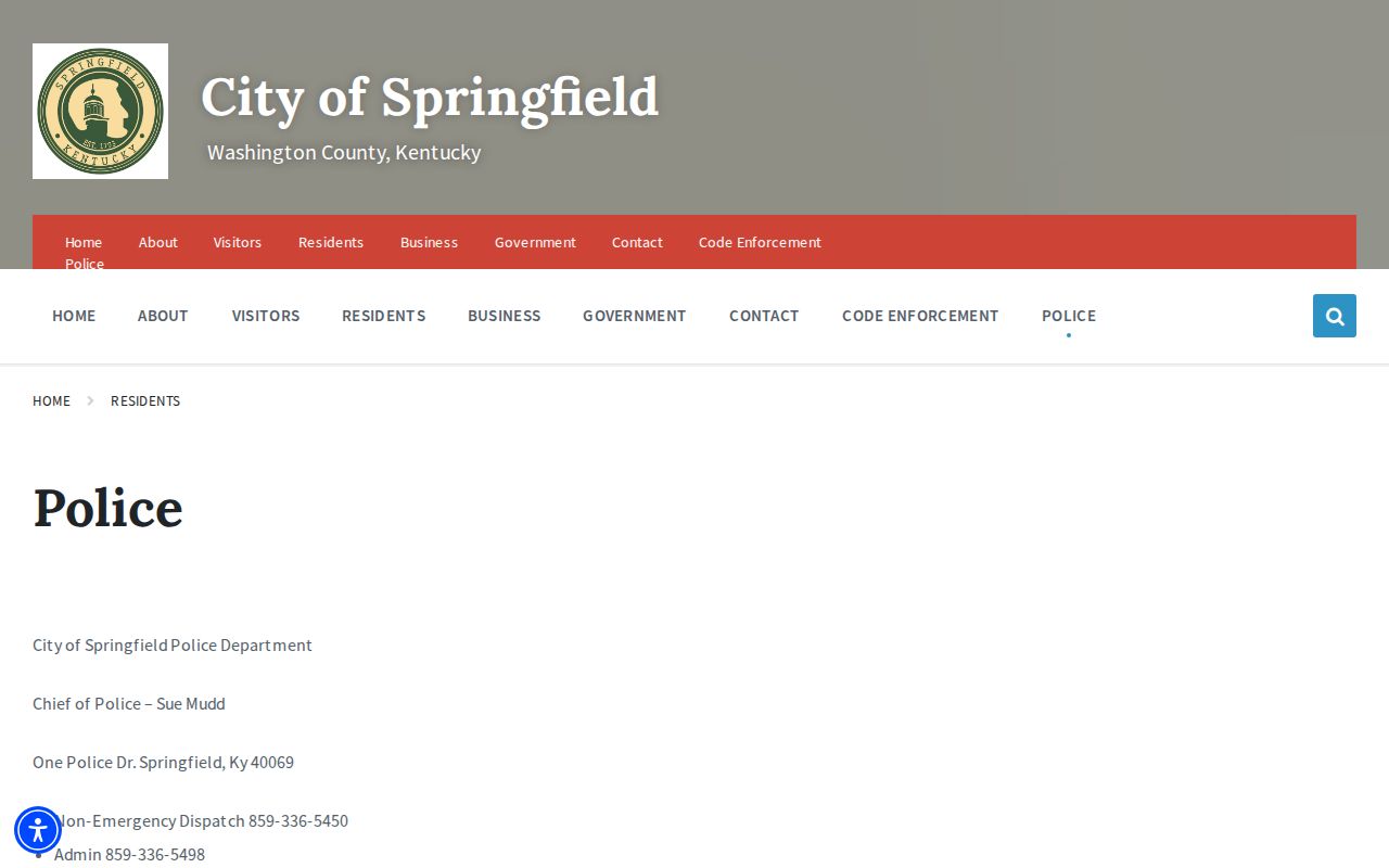 Official Springfield Kentucky Police Department contact page