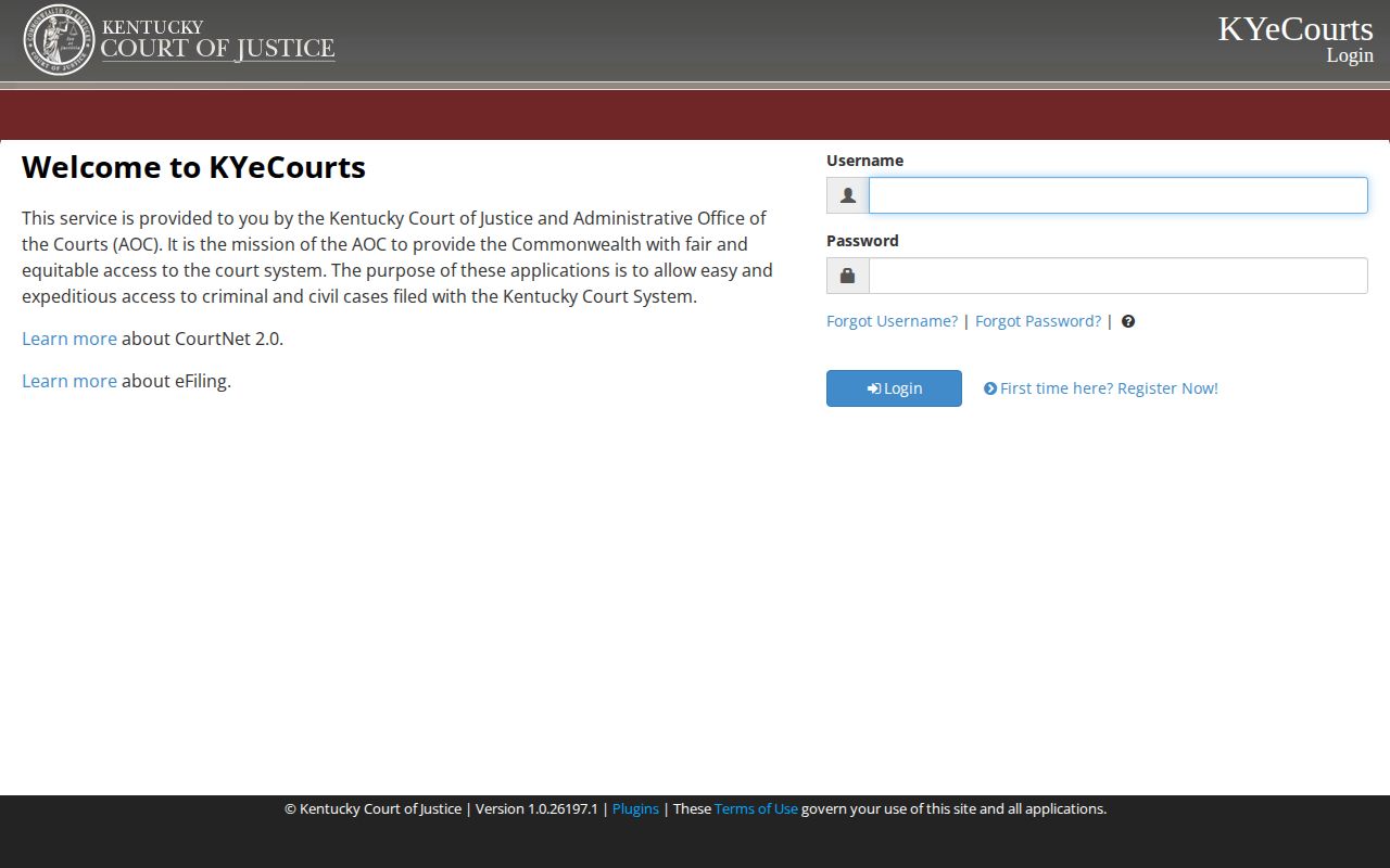 Kentucky CourtNet public case search entry interface