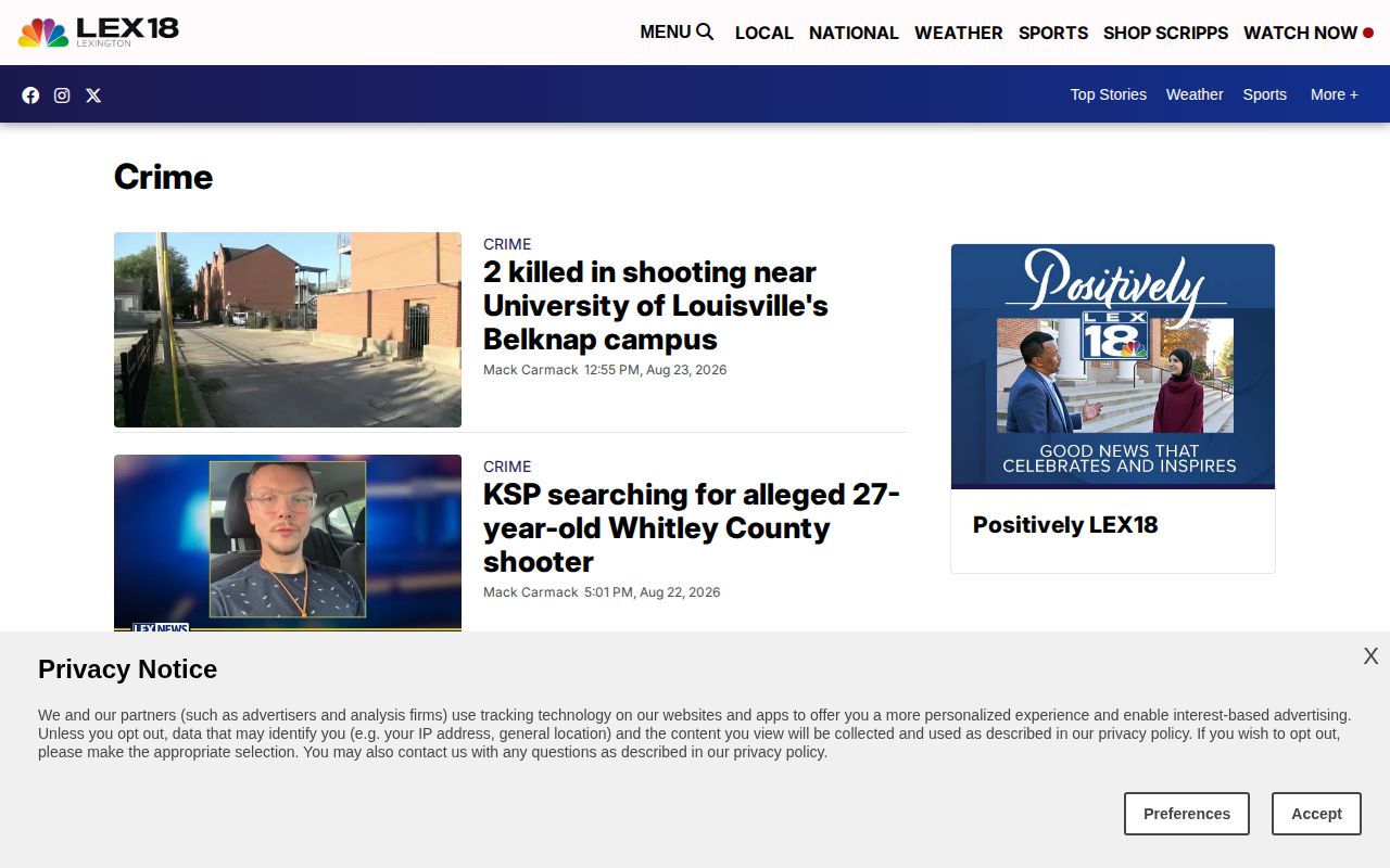 LEX18 regional crime news index used for Washington County reports