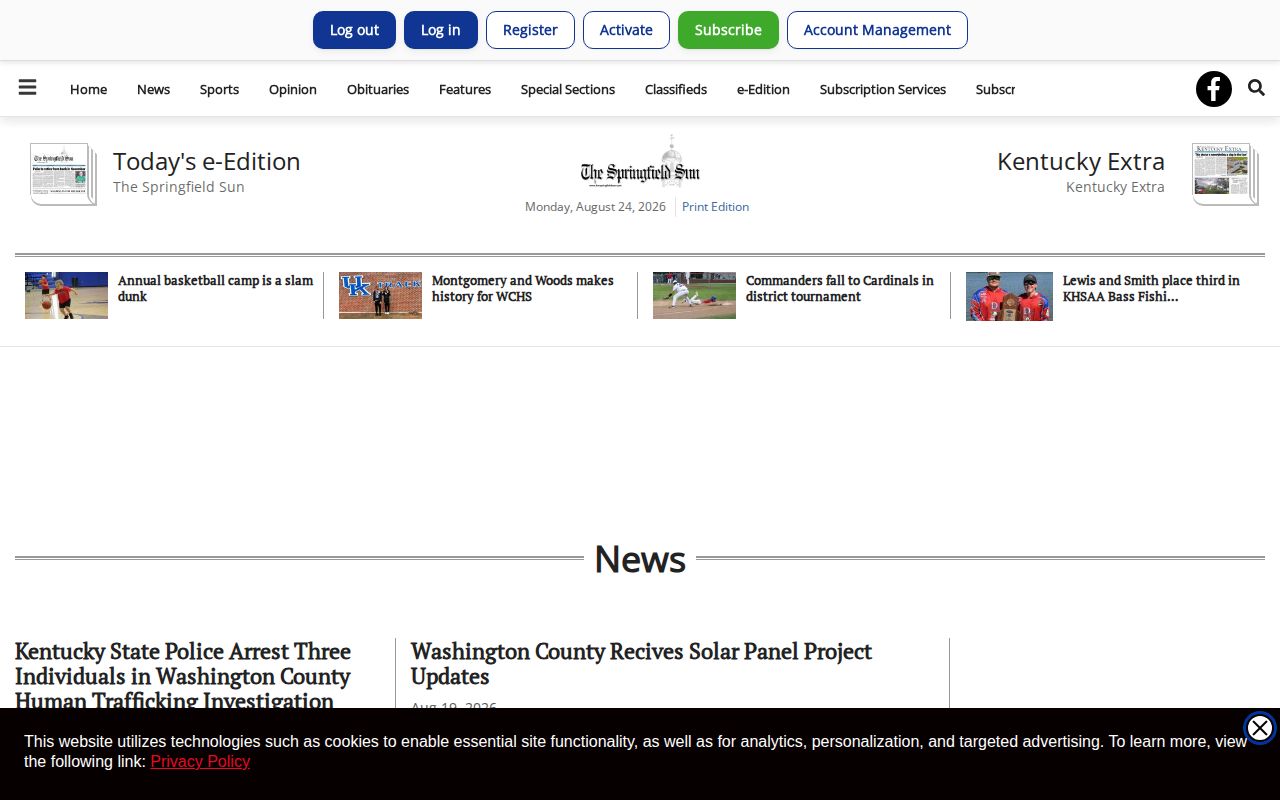 Springfield Sun PMG local news section for Washington County Kentucky