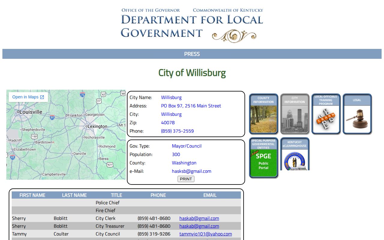 Kentucky DLG Willisburg city record showing municipal contacts and an unfilled police chief row